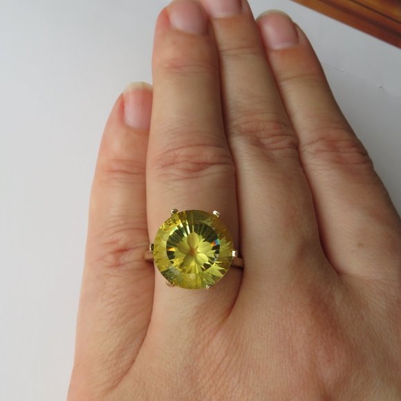 Natural Flower Carved Lemon Quartz In 14K Yellow Gold Cocktail Ring Sz 7.25 - Picture 8 of 13